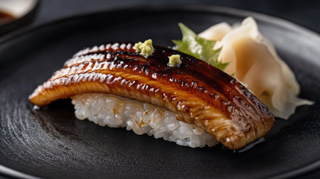 Savor the exquisite taste of delicious Anago sushi, featuring tender eel laid on a bed of seasoned rice, beautifully presented with wasabi and garnishes.の素材