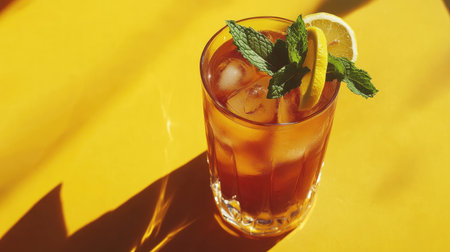 A refreshing glass of iced tea with lemon and mint garnish, perfect for quenching your thirst on a sunny day. Ideal for summer gatherings or picnics.の素材