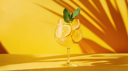 Enjoy a refreshing glass of iced tea with lemon and mint, beautifully presented against a cheerful yellow background, perfect for summer vibes.の素材