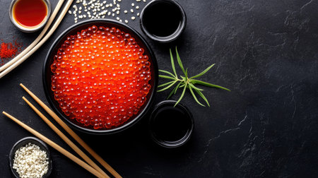 A vibrant black bowl filled with glossy salmon roe, surrounded by garnishes and sauces, showcasing a delightful seafood preparation perfect for any gourmet dish.の素材