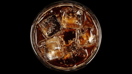 A top view of a frosty glass filled with iced coffee and ice cubes. Perfect for showcasing refreshment, coolness, and summer enjoyment in beverage photography.の素材