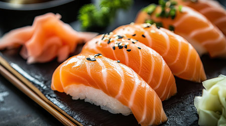 A stunning display of fresh salmon nigiri on a dark slate plate, showcasing vibrant colors and elegant presentation. Perfect for sushi lovers!の素材