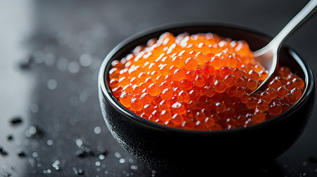 A delicate bowl filled with bright orange salmon roe, presented with a spoon. This closeup captures the vibrant texture and glossy appearance of this gourmet delicacy. Perfect for culinary presentations.の素材