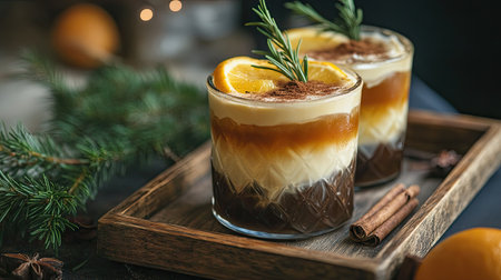 Enjoy a stylish shot of iced coffee layered with citrus flavors, garnished with rosemary and cinnamon, perfect for cozy gatherings or a refreshing indulgence.の素材