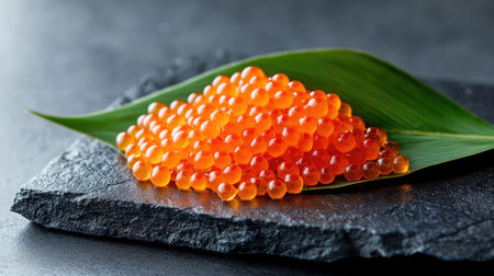 A beautiful arrangement of delicate salmon roe showcased on a leaf atop a black slate. This vibrant and fresh seafood offers a luxurious culinary touch.の素材