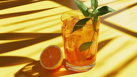 Enjoy a vibrant glass of iced tea with lemon and mint, perfect for relaxing in the summer sun. This refreshing drink is visually appealing and satisfying.の素材