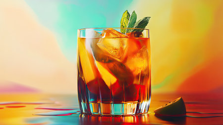 A vibrant glass of iced fruit tea garnished with mint, set against a colorful background. Perfect for summer events or refreshing moments.の素材