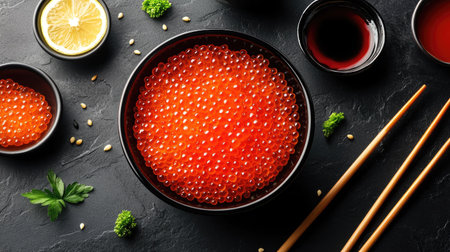 A vibrant bowl of fresh salmon roe garnished with herbs and served with condiments. Perfect for culinary presentations that highlight natural flavors.の素材