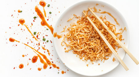 A close-up of a white plate with fried noodles and sauce splatters, garnished with chopped green onions, creating an appealing and messy dining scene.の素材