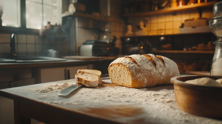 A freshly baked loaf of bread is being sliced on a rustic wooden table in a cozy kitchen. The scene captures the warmth and aroma of homemade baking, perfect for food lovers.の素材