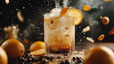 A dramatic shot capturing a refreshing iced coffee and lemonade drink, featuring vibrant colors, splashes, and citrus elements to evoke a lively summer vibe.の素材