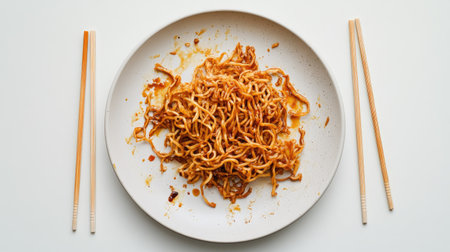A messy plate featuring fried noodles with traces of sauce, showcasing the remnants of a delicious meal, perfect for food photography and culinary art.の素材