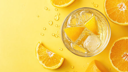 A vibrant glass of homemade orange lemonade, filled with ice and fresh fruit slices, perfect for summer refreshment and gatherings. Enjoy the sunny flavors!の素材
