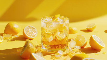 A vibrant and refreshing glass of iced tea adorned with slices of lemon and ice cubes. Perfect for summer days, this beverage offers a cheerful and lively aesthetic.の素材