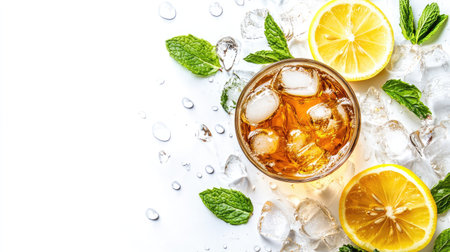 Enjoy a refreshing glass of iced tea adorned with lemon slices and mint leaves, perfect for a summer day. This vibrant beverage is ideal for hydration and enjoyment.の素材