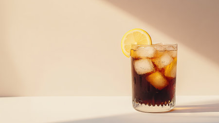 Enjoy a refreshing glass of iced tea with ice and a lemon slice, perfect for summer days. A vibrant drink ideal for relaxation and social gatherings.の素材