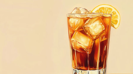 A refreshing glass of iced tea filled with ice cubes and a lemon slice, perfect for a hot summer day, evoking feelings of relaxation and enjoyment.の素材