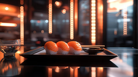 A beautifully arranged plate of modern salmon nigiri sushi set on a sleek dining table. The ambiance features soft lighting, enhancing the culinary experience.の素材