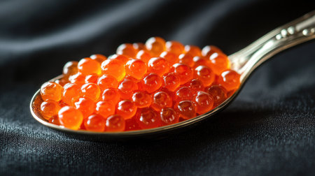 Close-up of luxurious salmon roe presented on a shiny silver spoon, showcasing vibrant orange pearls. Ideal for culinary promotions and gourmet presentations.の素材