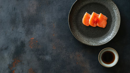 A minimalist arrangement of fresh salmon sashimi slices on a dark textured plate, paired with a small bowl of soy sauce, creating a sophisticated dining experience.の素材