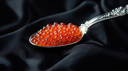 A stunning image of luxurious salmon roe delicately placed on a silver spoon, set against a rich black silk background, perfect for gourmet food presentations.の素材