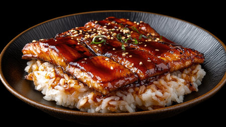 Indulge in a delightful serving of Anago sushi, featuring succulent eel glazed in a rich sauce, perfectly plated over fluffy rice, ideal for food lovers.の素材