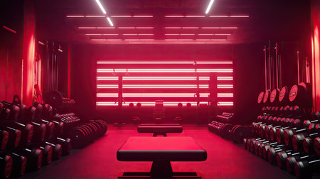 A striking gym interior featuring stacked dumbbells and red neon lighting. This modern fitness space is perfect for workouts and personal training sessions.の素材
