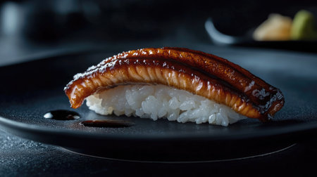 Indulge in a refined anago sushi on a sleek black plate, showcasing the perfect blend of flavors and presentation. This gourmet dish exemplifies Japanese cuisine.の素材