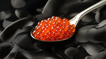 Experience the elegance of salmon roe beautifully presented on a silver spoon. This luxurious culinary treat showcases vibrant colors and exquisite textures, ideal for gourmet dishes.の素材