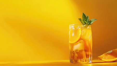 Enjoy a refreshing glass of homemade orange lemonade garnished with mint. The vibrant colors and delicious taste make it perfect for any summer occasion.の素材