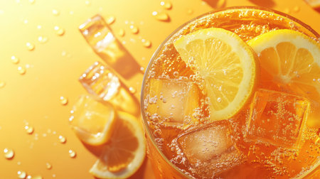 A vibrant glass of refreshing iced lemon tea, embellished with slices of lemon and ice cubes, perfect for a hot summer day. Enjoy this delightful drink!の素材
