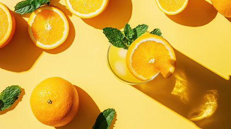 Enjoy a refreshing glass of homemade orange lemonade garnished with mint leaves and orange slices, set on a vibrant yellow background, perfect for summer moments.の素材