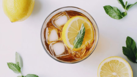 Enjoy a refreshing glass of iced tea garnished with lemon slices and fresh mint. Perfect for warm days, this vibrant beverage is a delightful thirst quencher.の素材