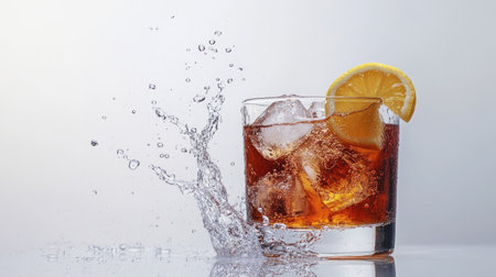 A captivating image of a refreshing iced tea with lemon in a glass, showcasing a splash of cold drink. Perfect for summer vibes and thirst-quenching moments.の素材