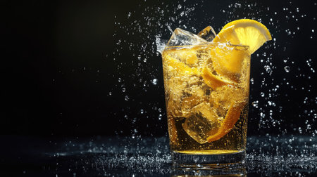 A close-up view of a refreshing glass of iced lemon tea garnished with lemon slices and ice. Perfect for summer relaxation and hydration.の素材