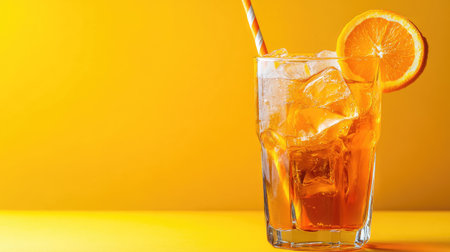 A vibrant glass of refreshing orange lemonade with ice and a straw, perfect for summertime enjoyment and hydration. Bright yellow background adds a cheerful touch.の素材