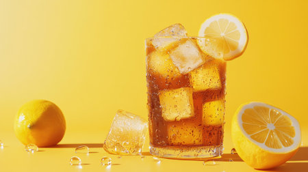 Enjoy a refreshing glass of iced lemon tea, filled with ice cubes and garnished with lemon slices. Perfect for warm days and gatherings!の素材