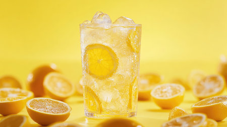 Enjoy a refreshing glass of homemade orange lemonade, filled with ice and garnished with fresh lemon slices. Perfect for summer days!の素材