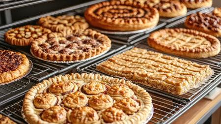 A tempting array of freshly baked homemade pastries displayed on racks. This image captures the warmth and delight of artisanal treats, perfect for any dessert lover.の素材