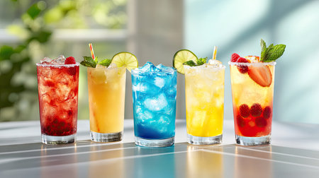A vibrant display of four refreshing drinks featuring ice, fruit garnishes, and bright colors, perfect for summer celebrations or gatherings.の素材
