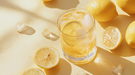 Enjoy a vibrant glass of refreshing lemon iced tea surrounded by fresh lemons and ice cubes. Perfect for sunny days and summertime gatherings.の素材