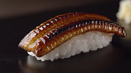 This image showcases a beautifully glazed piece of Anago sushi, a culinary delight that highlights fresh seafood artfully prepared. Perfect for food enthusiasts.の素材