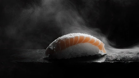 A beautifully presented piece of salmon nigiri sushi set against a dramatic black background, capturing the essence of fine Japanese cuisine and culinary artistry.の素材