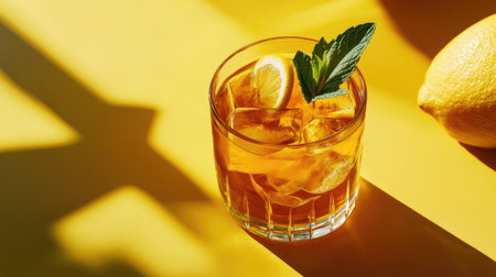 A vibrant glass of iced tea with lemon and mint, set on a bright yellow background. Perfect for summer, this refreshing drink exudes a cheerful vibe.の素材