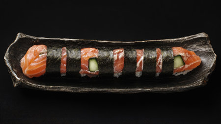 A beautifully arranged sushi roll featuring fresh salmon and cucumber, served on an elegant black plate. Ideal for food enthusiasts and culinary presentations.の素材