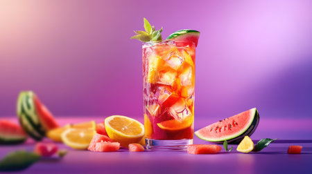Enjoy a vibrant display of iced fruit tea in a tall glass. This refreshing drink features colorful slices of watermelon and citrus, perfect for summer gatherings.の素材