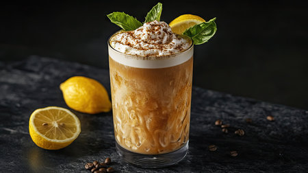 This vibrant iced coffee lemonade features a refreshing blend of flavors, topped with whipped cream and mint garnish, perfect for summer enjoyment.の素材