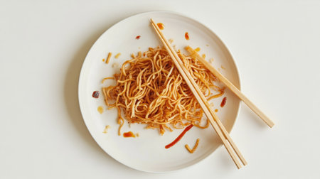 A plate featuring remnants of fried noodles and chopsticks, showcasing a delightful meal experience. Ideal for food-related visuals and culinary presentations.の素材