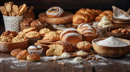 A delightful assortment of freshly baked muffins and breads, showcasing a variety of textures and flavors. Perfect for culinary inspiration and warm gatherings.の素材