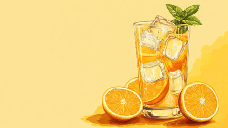 A vibrant glass of homemade orange lemonade filled with ice cubes and garnished with mint. Perfect for summer days, this refreshing drink brings a bright and cheerful touch to any gathering.の素材